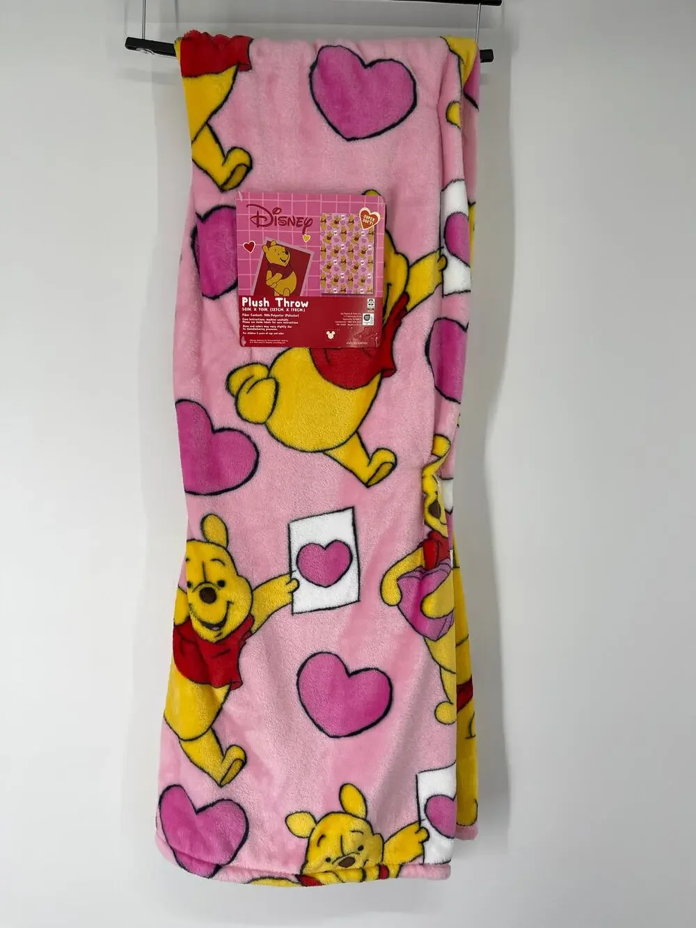 Disney Winnie the Pooh Pink Hearts Plush Throw Blanket 50 x 70 Soft Valentine's